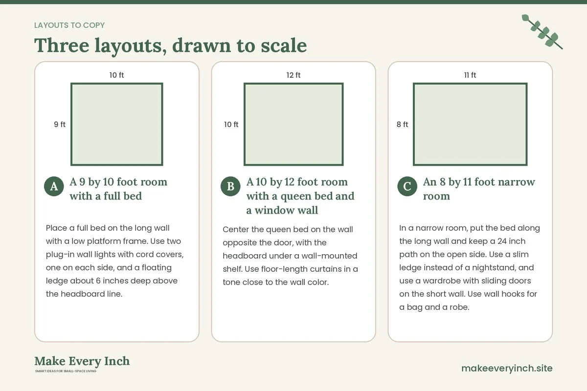 Three room layouts drawn to scale with dimensions and placement notes for: 16 Small Bedroom Ideas Modern Style