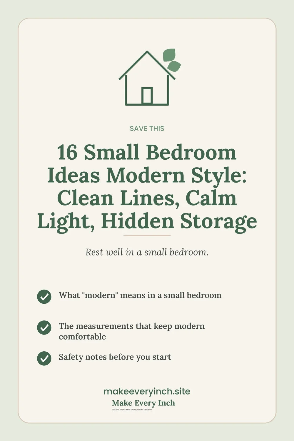 Save-this Pinterest pin with a short checklist for: 16 Small Bedroom Ideas Modern Style