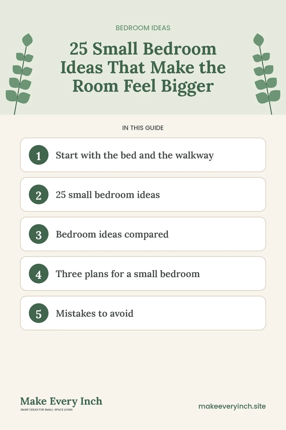 Pinterest pin listing the main topics in: 25 Small Bedroom Ideas That Make the Room Feel Bigger