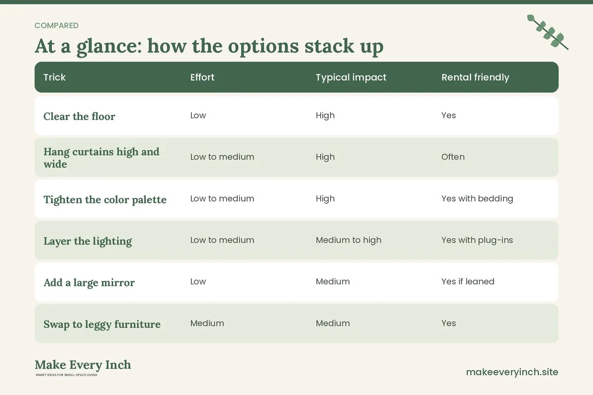 Comparison table of options for: Small Bedroom Ideas That Make the Room Feel Bigger (Trick, Effort, Typical impact, Rental friendly)
