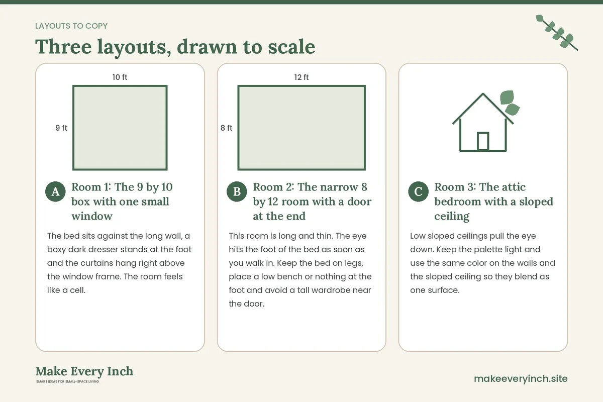 Three room layouts drawn to scale with dimensions and placement notes for: Small Bedroom Ideas That Make the Room Feel Bigger