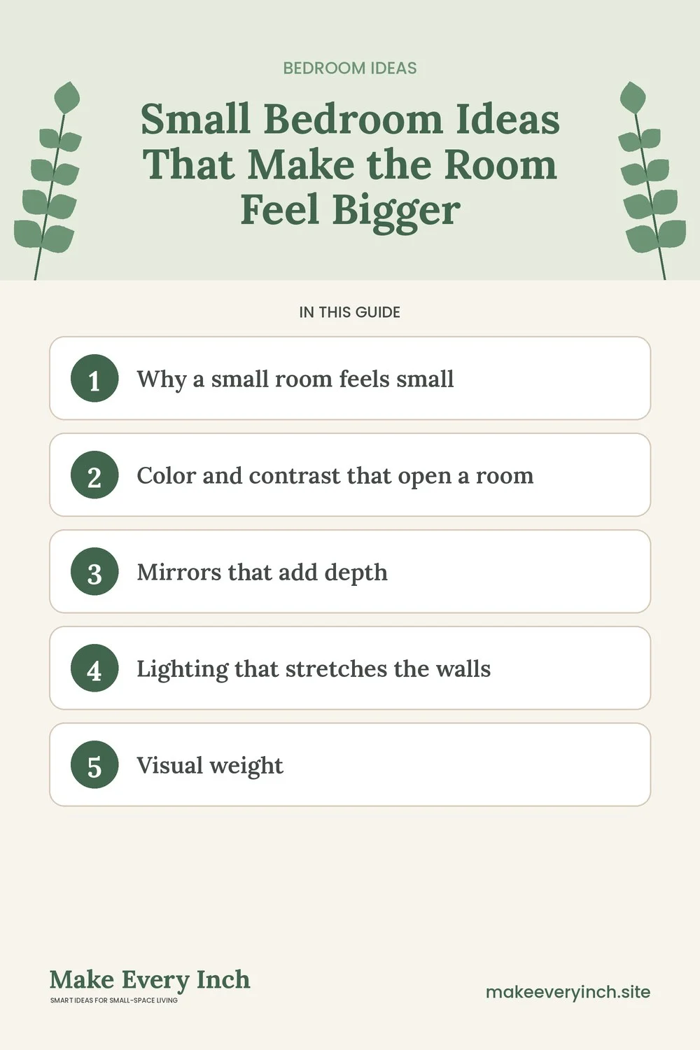 Pinterest pin listing the main topics in: Small Bedroom Ideas That Make the Room Feel Bigger