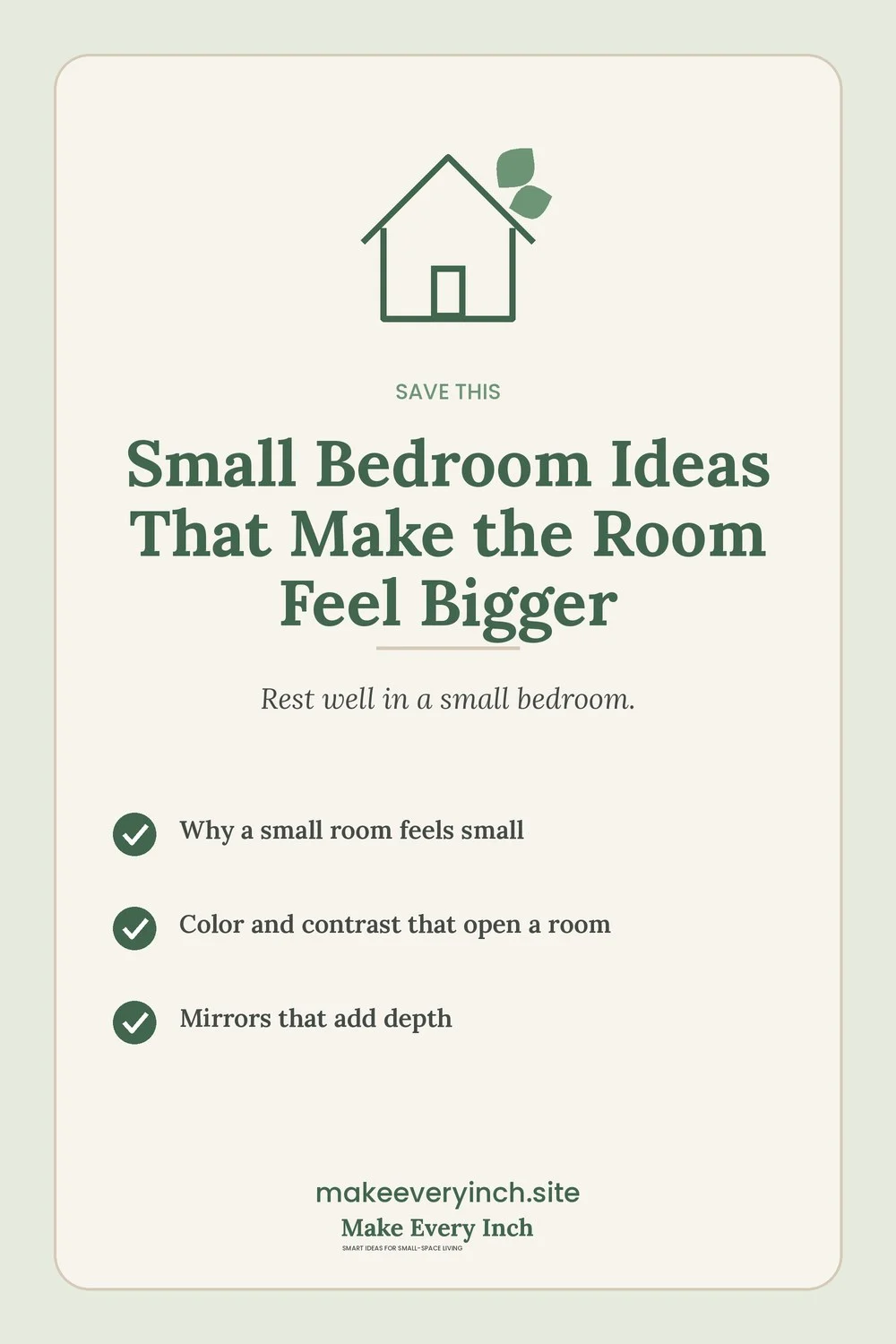 Save-this Pinterest pin with a short checklist for: Small Bedroom Ideas That Make the Room Feel Bigger