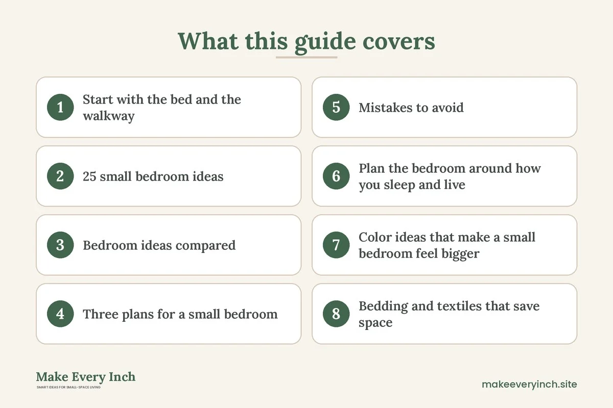 Graphic listing 8 topics covered in: 25 Small Bedroom Ideas That Make the Room Feel Bigger