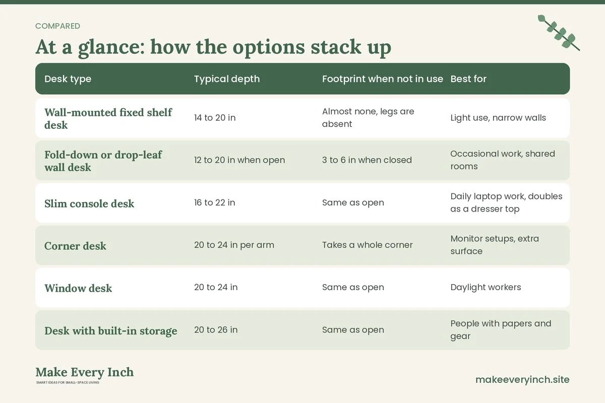 Comparison table of options for: Small Bedroom Ideas with a Desk (Desk type, Typical depth, Footprint when not in use, Best for)