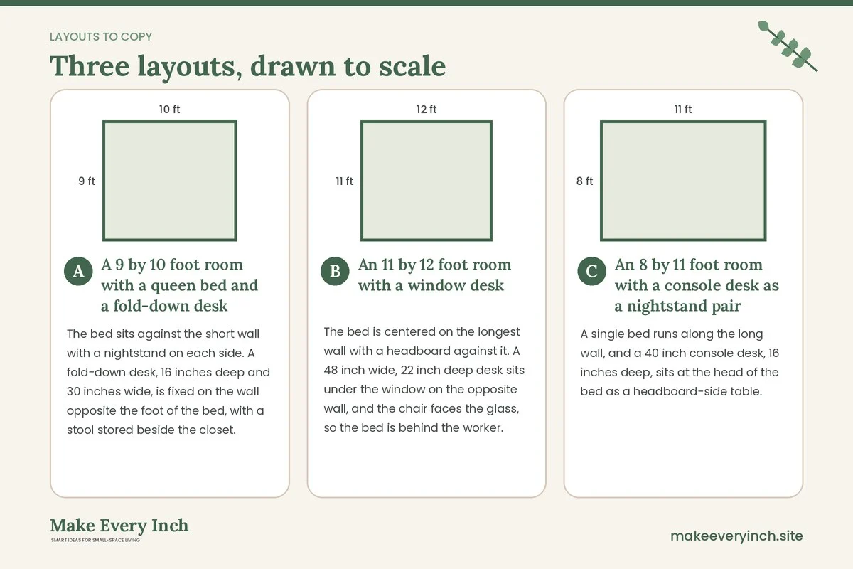 Three room layouts drawn to scale with dimensions and placement notes for: Small Bedroom Ideas with a Desk
