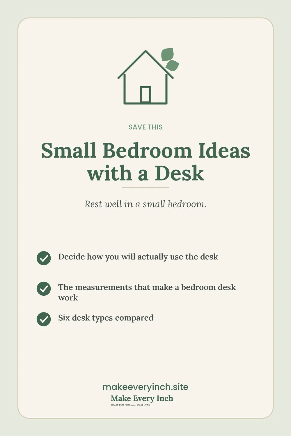 Save-this Pinterest pin with a short checklist for: Small Bedroom Ideas with a Desk
