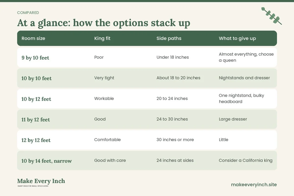 Comparison table of options for: Small Bedroom Ideas with a King Bed (Room size, King fit, Side paths, What to give up)
