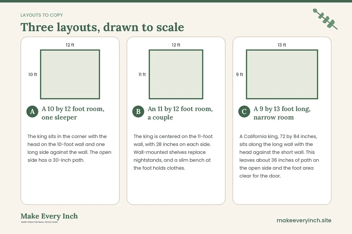 Three room layouts drawn to scale with dimensions and placement notes for: Small Bedroom Ideas with a King Bed