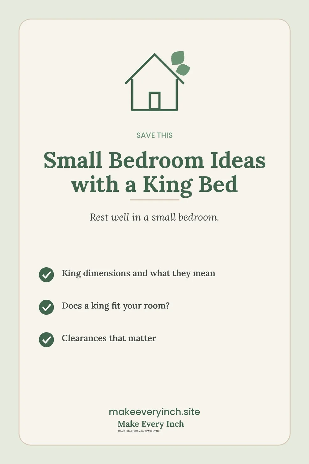 Save-this Pinterest pin with a short checklist for: Small Bedroom Ideas with a King Bed