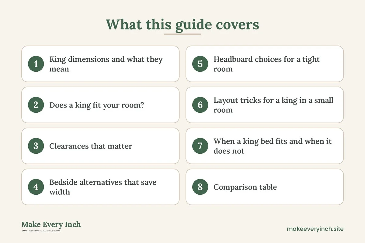 Graphic listing 8 topics covered in: Small Bedroom Ideas with a King Bed