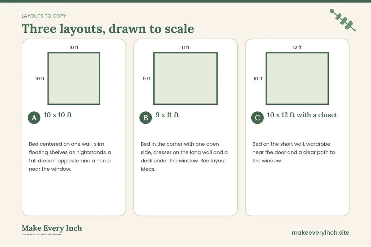 Three room layouts drawn to scale with dimensions and placement notes for: 15 Small Bedroom Ideas With a Queen Bed