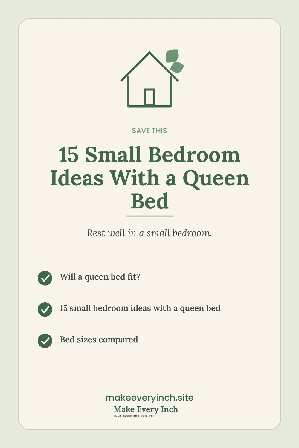 Save-this Pinterest pin with a short checklist for: 15 Small Bedroom Ideas With a Queen Bed