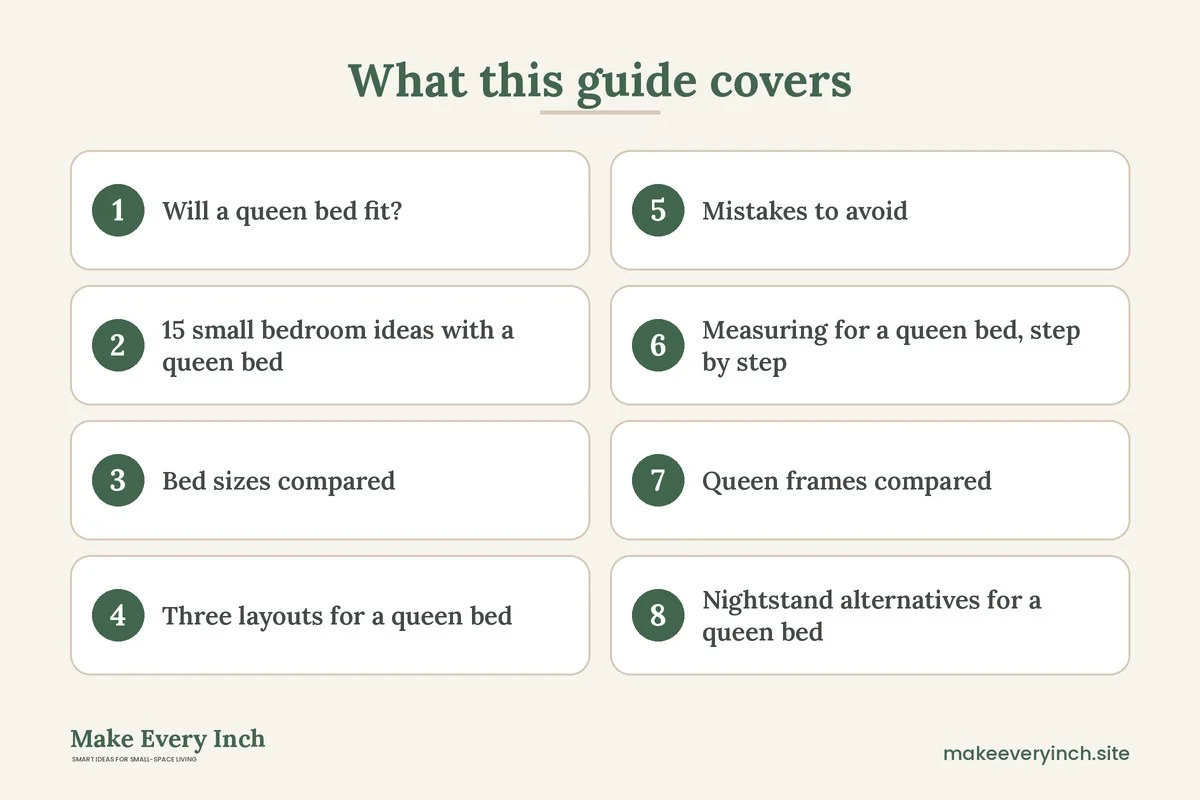 Graphic listing 8 topics covered in: 15 Small Bedroom Ideas With a Queen Bed