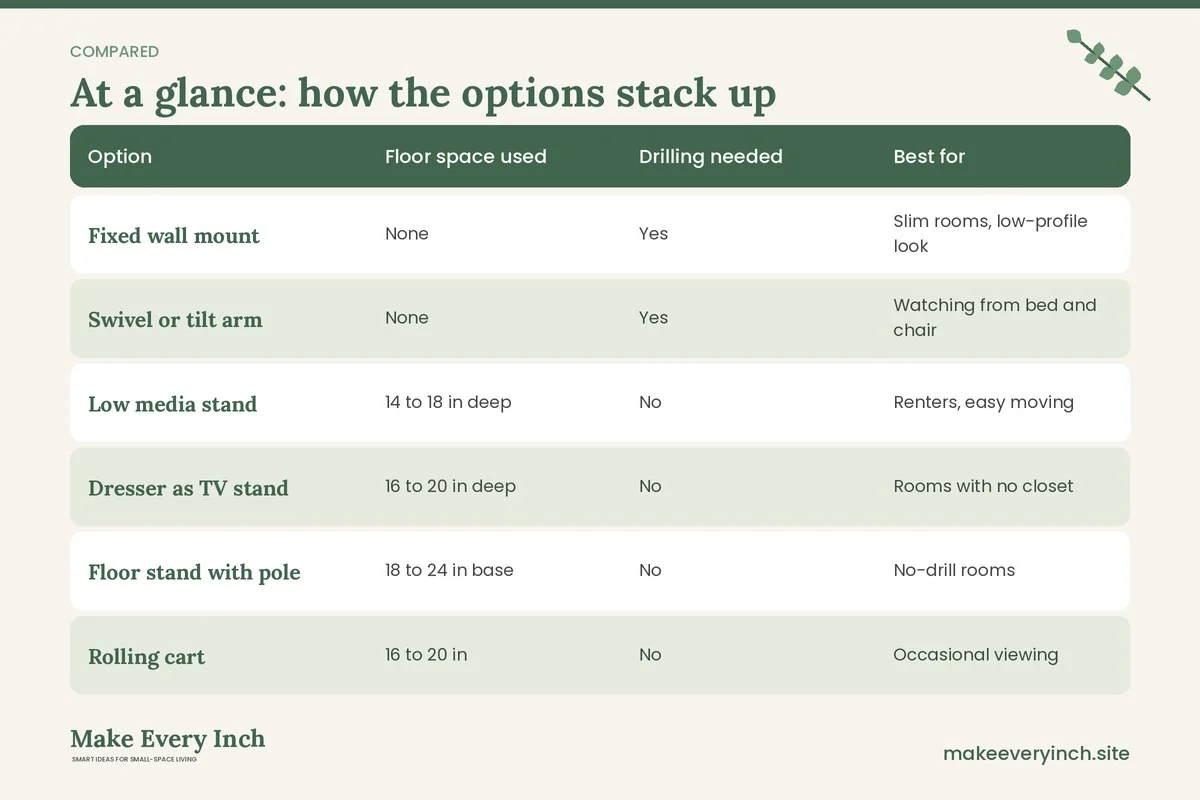 Comparison table of options for: Small Bedroom Ideas with a TV (Option, Floor space used, Drilling needed, Best for)