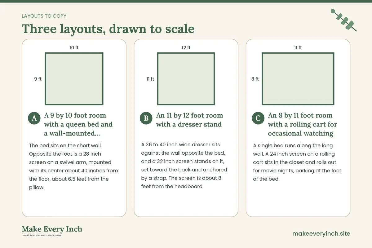 Three room layouts drawn to scale with dimensions and placement notes for: Small Bedroom Ideas with a TV
