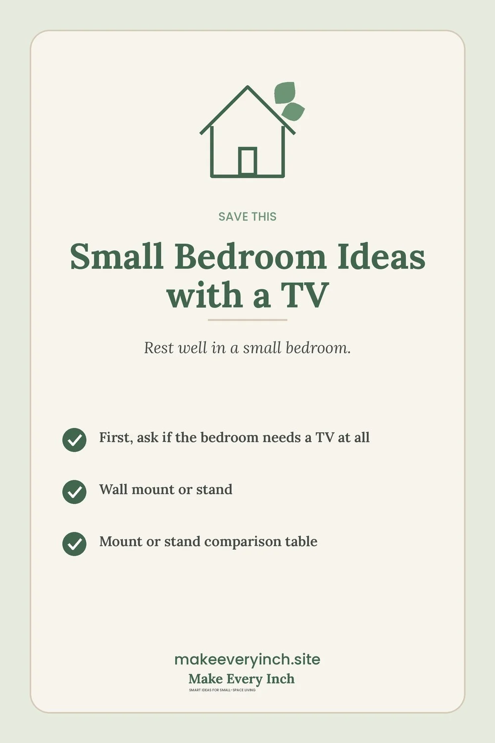 Save-this Pinterest pin with a short checklist for: Small Bedroom Ideas with a TV