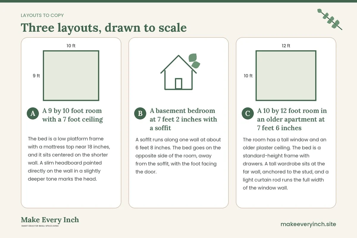 Three room layouts drawn to scale with dimensions and placement notes for: Small Bedroom Ideas with Low Ceilings