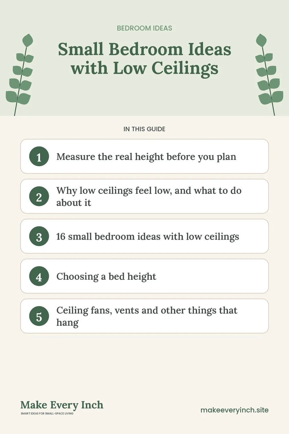 Pinterest pin listing the main topics in: Small Bedroom Ideas with Low Ceilings