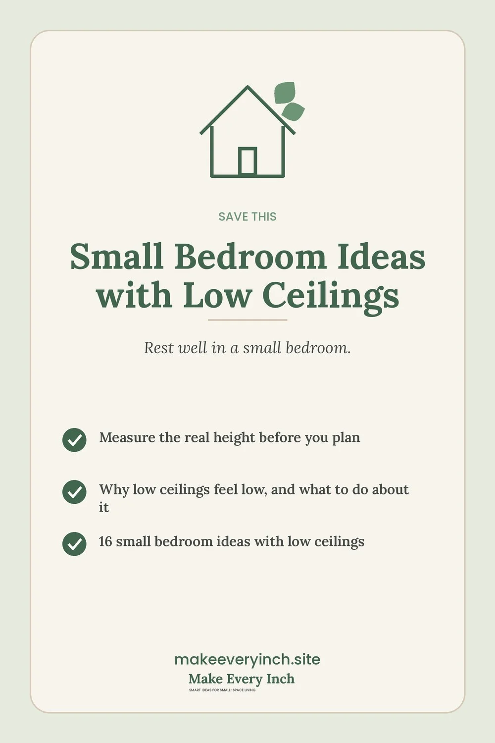 Save-this Pinterest pin with a short checklist for: Small Bedroom Ideas with Low Ceilings