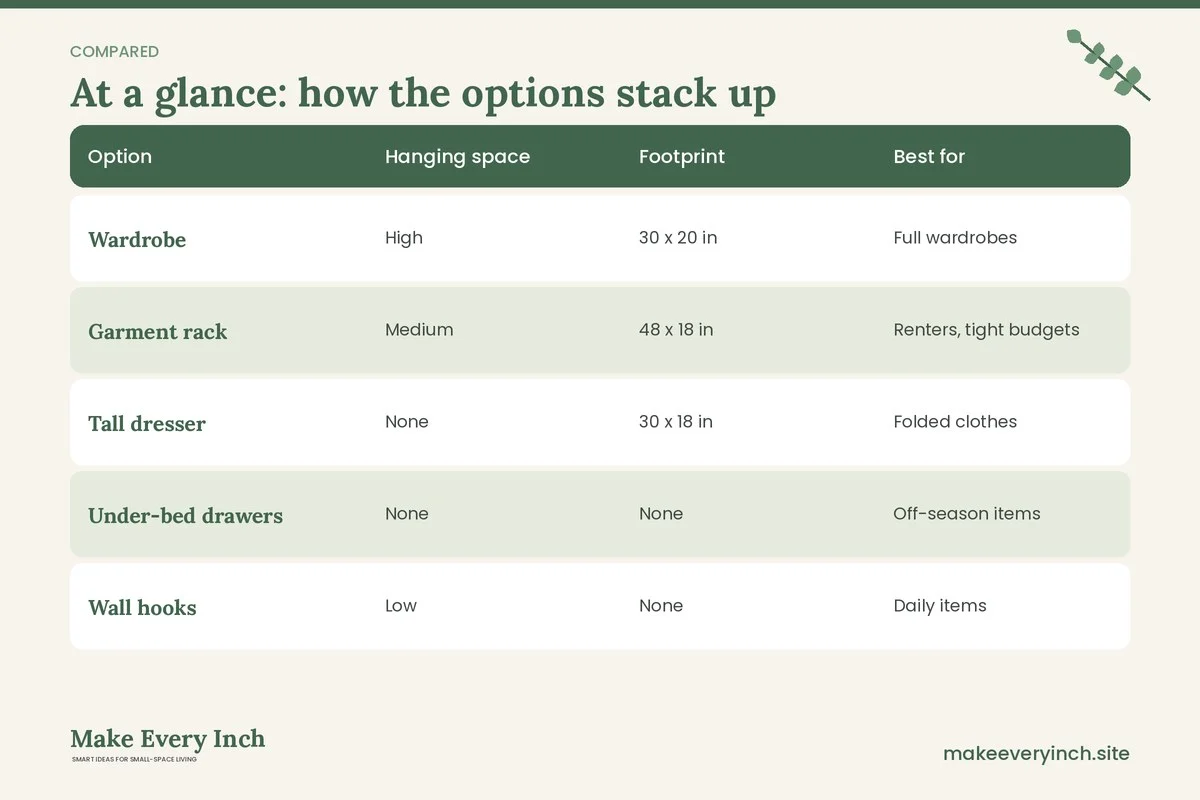 Comparison table of options for: 15 Small Bedroom Ideas Without a Closet (Option, Hanging space, Footprint, Best for)