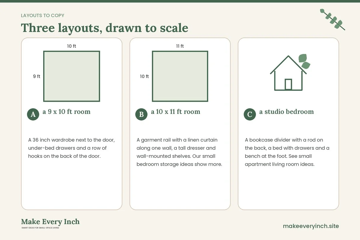 Three room layouts drawn to scale with dimensions and placement notes for: 15 Small Bedroom Ideas Without a Closet