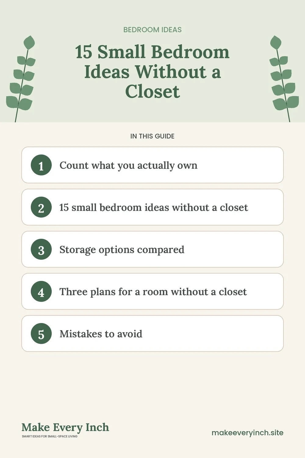 Pinterest pin listing the main topics in: 15 Small Bedroom Ideas Without a Closet