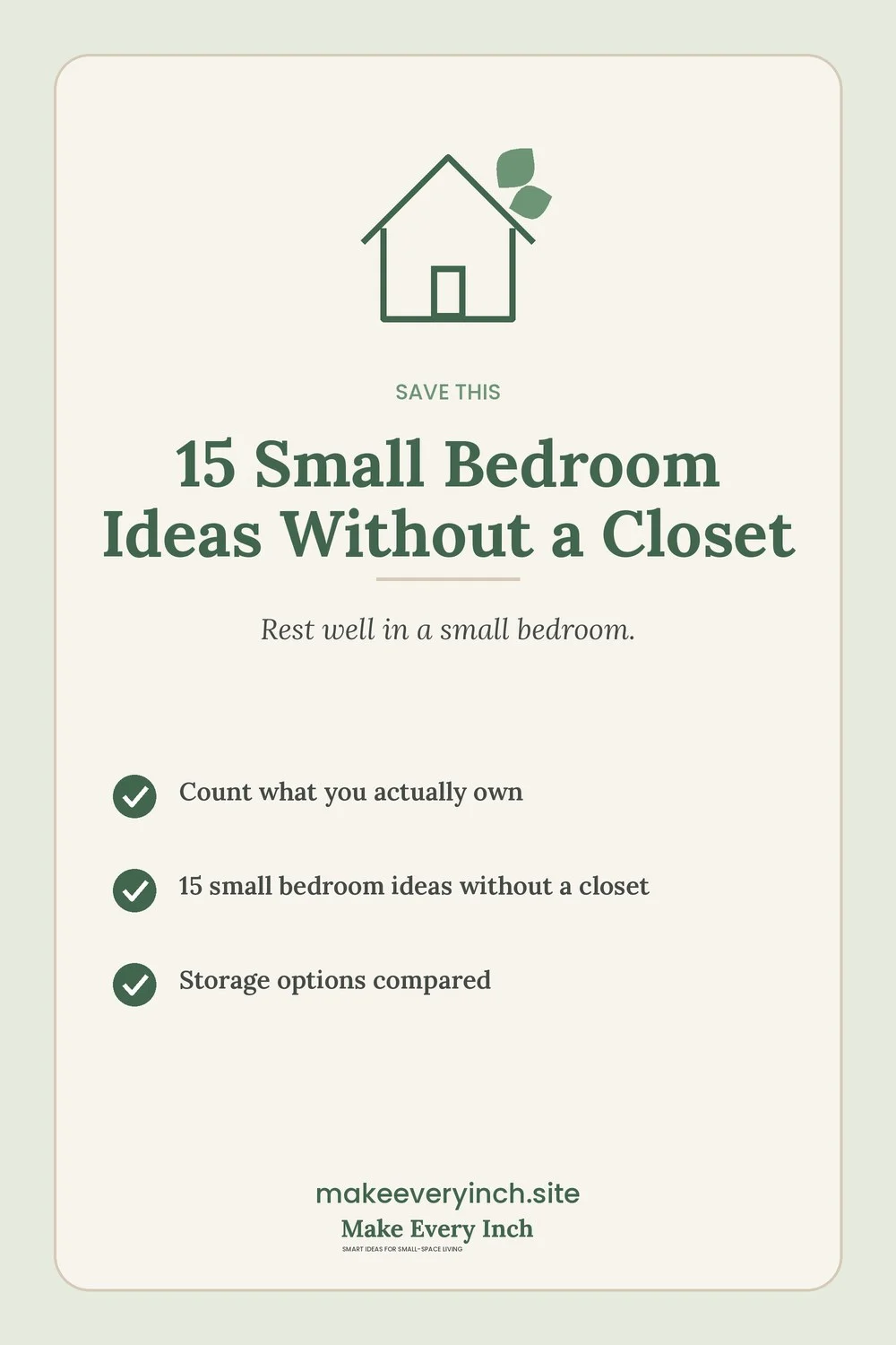 Save-this Pinterest pin with a short checklist for: 15 Small Bedroom Ideas Without a Closet