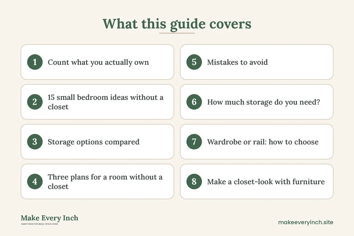 Graphic listing 8 topics covered in: 15 Small Bedroom Ideas Without a Closet