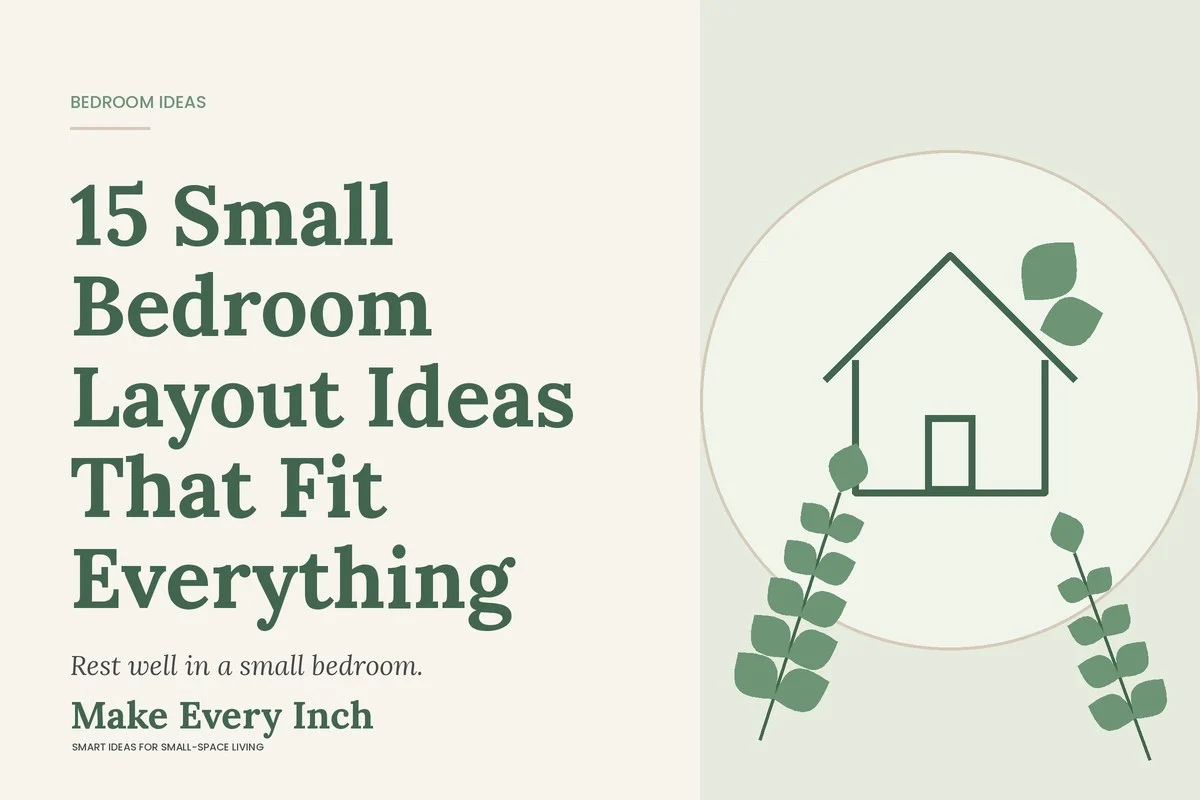 15 Small Bedroom Layout Ideas That Fit Everything, Make Every Inch cover with a house and leaf illustration