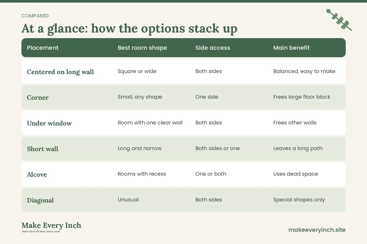 Comparison table of options for: Small Bedroom Layout Ideas for Better Flow (Placement, Best room shape, Side access, Main benefit)