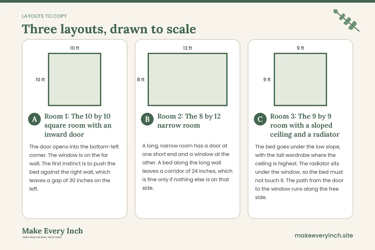 Three room layouts drawn to scale with dimensions and placement notes for: Small Bedroom Layout Ideas for Better Flow