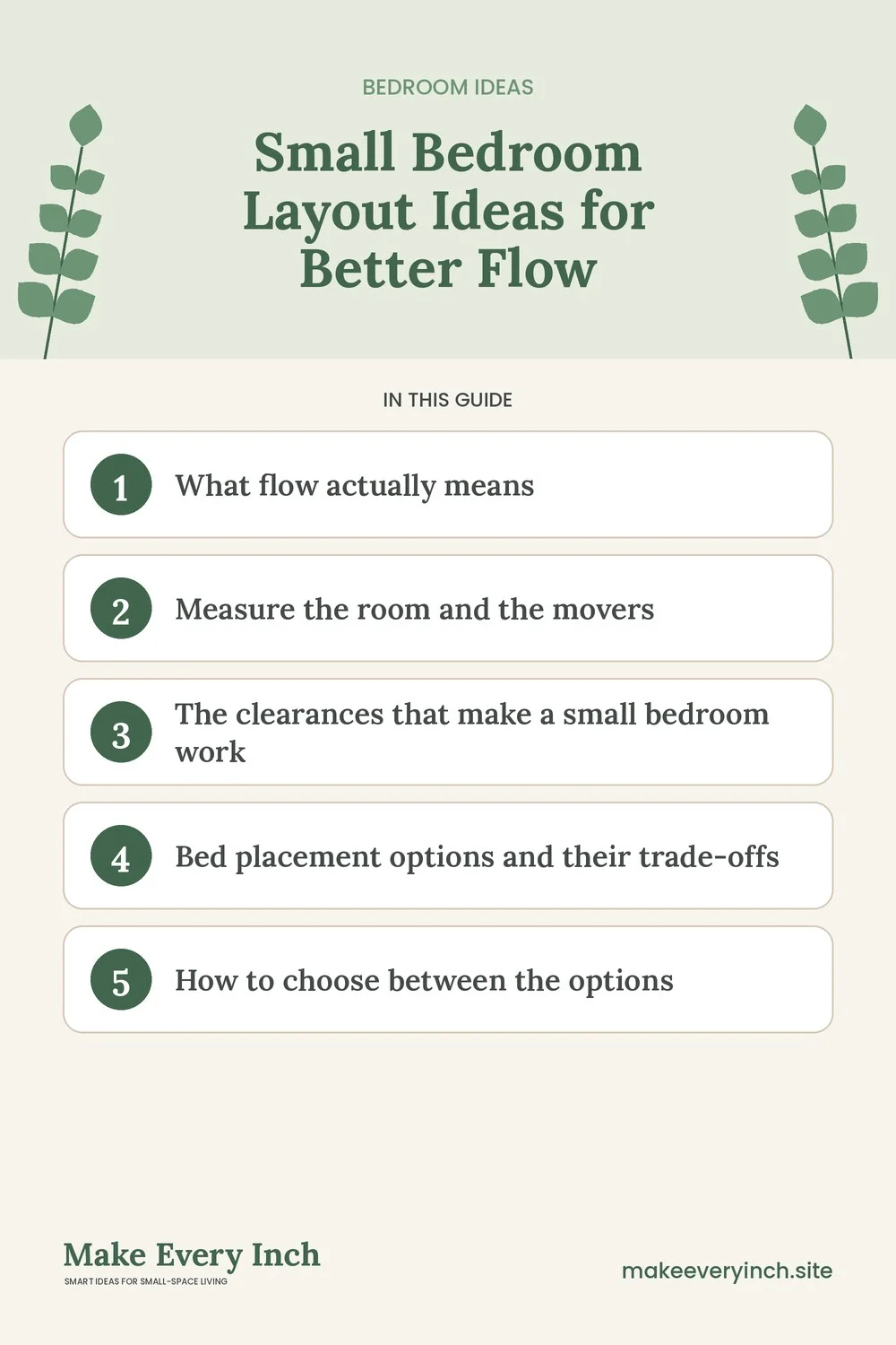 Pinterest pin listing the main topics in: Small Bedroom Layout Ideas for Better Flow
