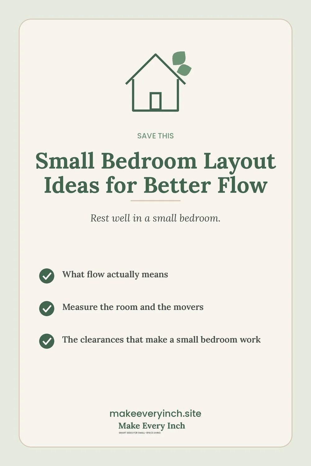 Save-this Pinterest pin with a short checklist for: Small Bedroom Layout Ideas for Better Flow