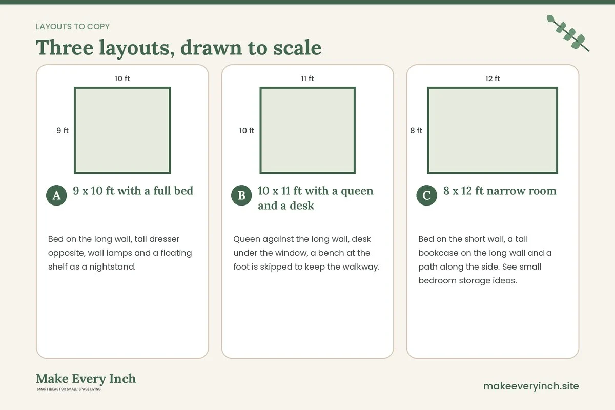Three room layouts drawn to scale with dimensions and placement notes for: 15 Small Bedroom Layout Ideas That Fit Everything