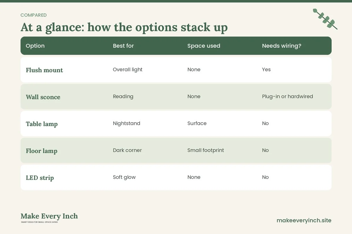 Comparison table of options for: 15 Small Bedroom Lighting Ideas for a Calm, Bright Room (Option, Best for, Space used, Needs wiring?)