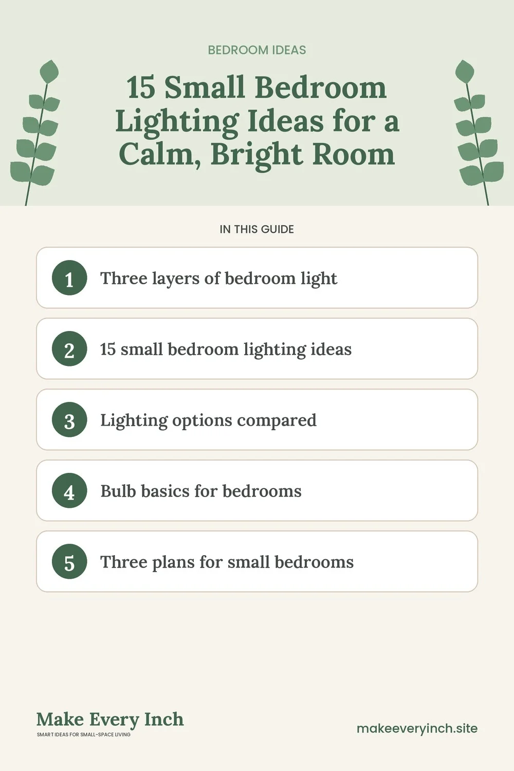 Pinterest pin listing the main topics in: 15 Small Bedroom Lighting Ideas for a Calm, Bright Room