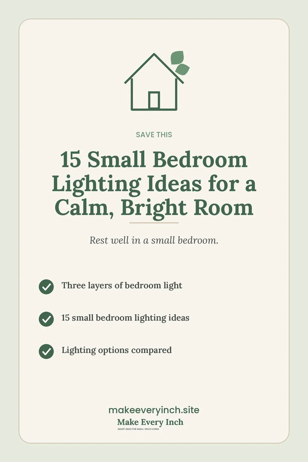 Save-this Pinterest pin with a short checklist for: 15 Small Bedroom Lighting Ideas for a Calm, Bright Room