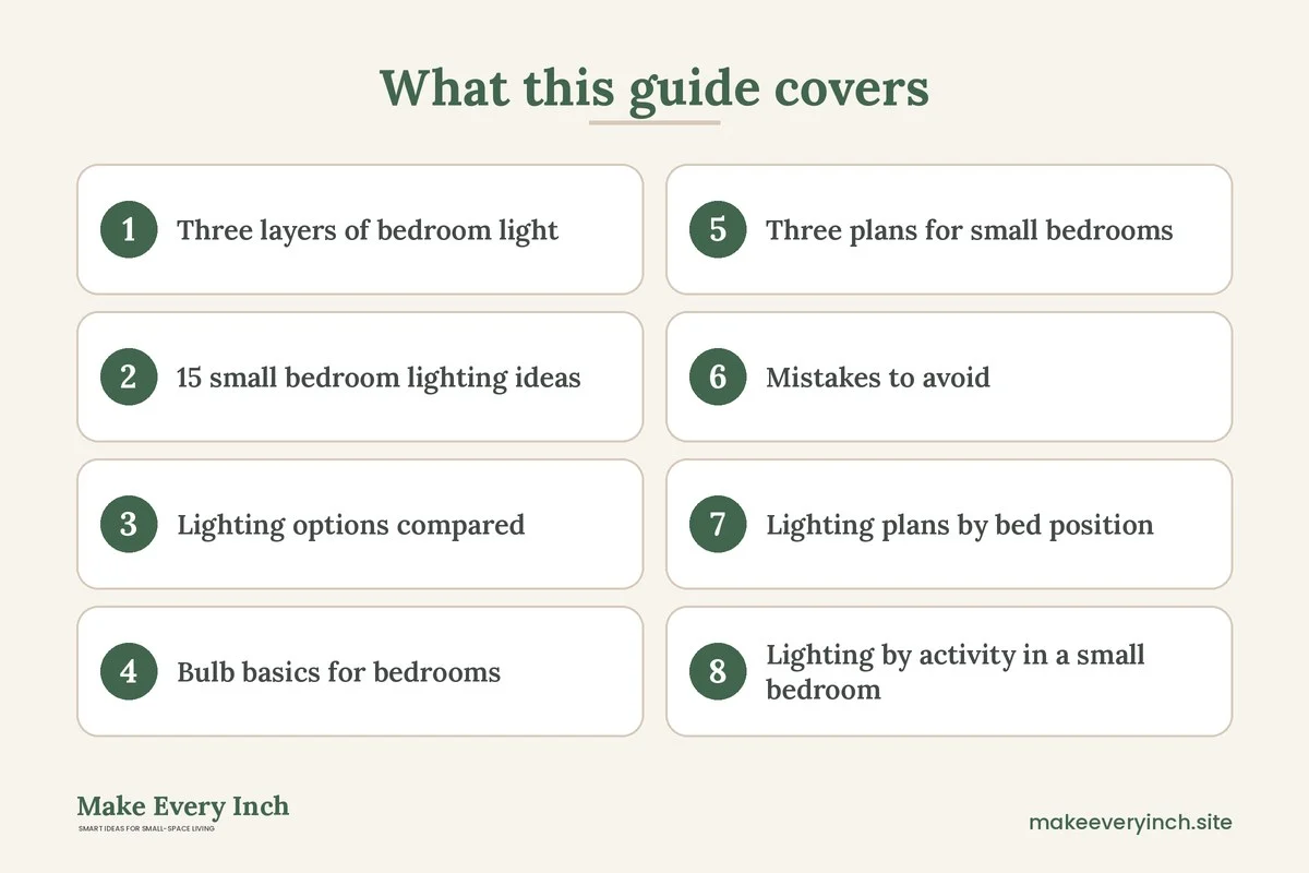 Graphic listing 8 topics covered in: 15 Small Bedroom Lighting Ideas for a Calm, Bright Room