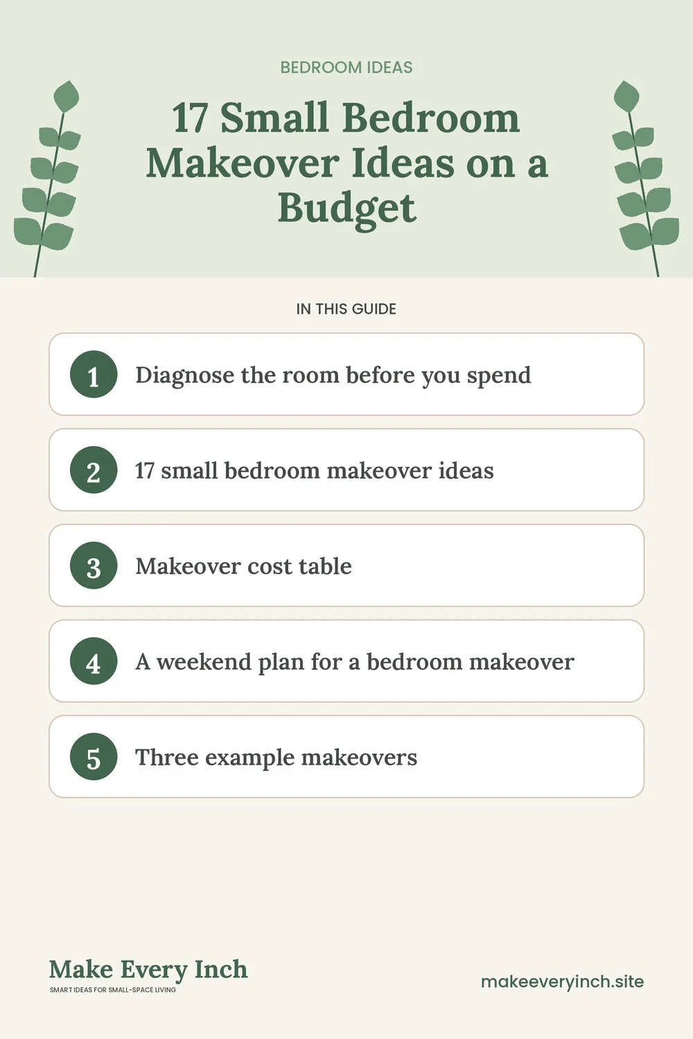 Pinterest pin listing the main topics in: 17 Small Bedroom Makeover Ideas on a Budget