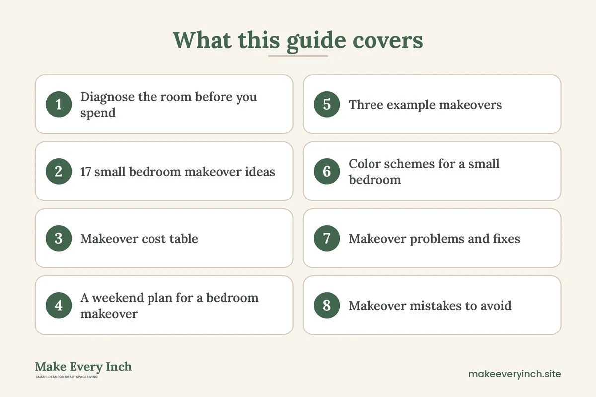 Graphic listing 8 topics covered in: 17 Small Bedroom Makeover Ideas on a Budget