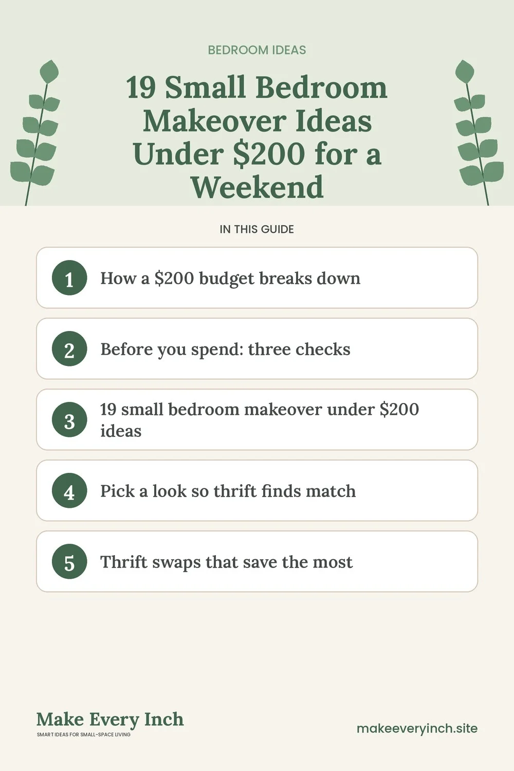 Pinterest pin listing the main topics in: 19 Small Bedroom Makeover Ideas Under $200 for a Weekend