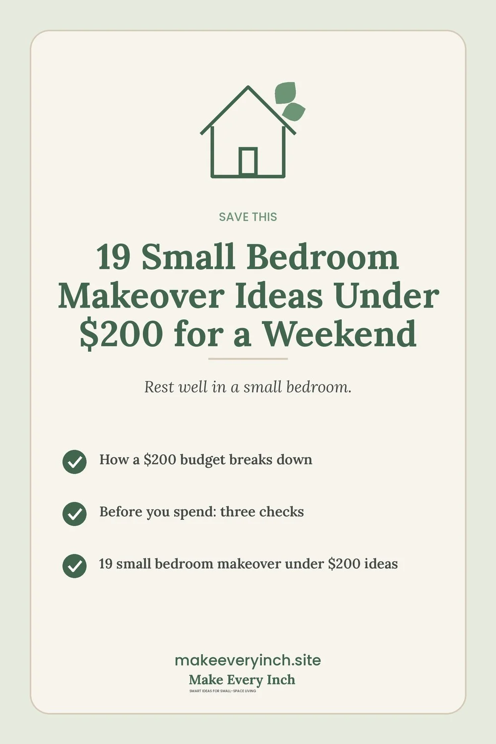 Save-this Pinterest pin with a short checklist for: 19 Small Bedroom Makeover Ideas Under $200 for a Weekend