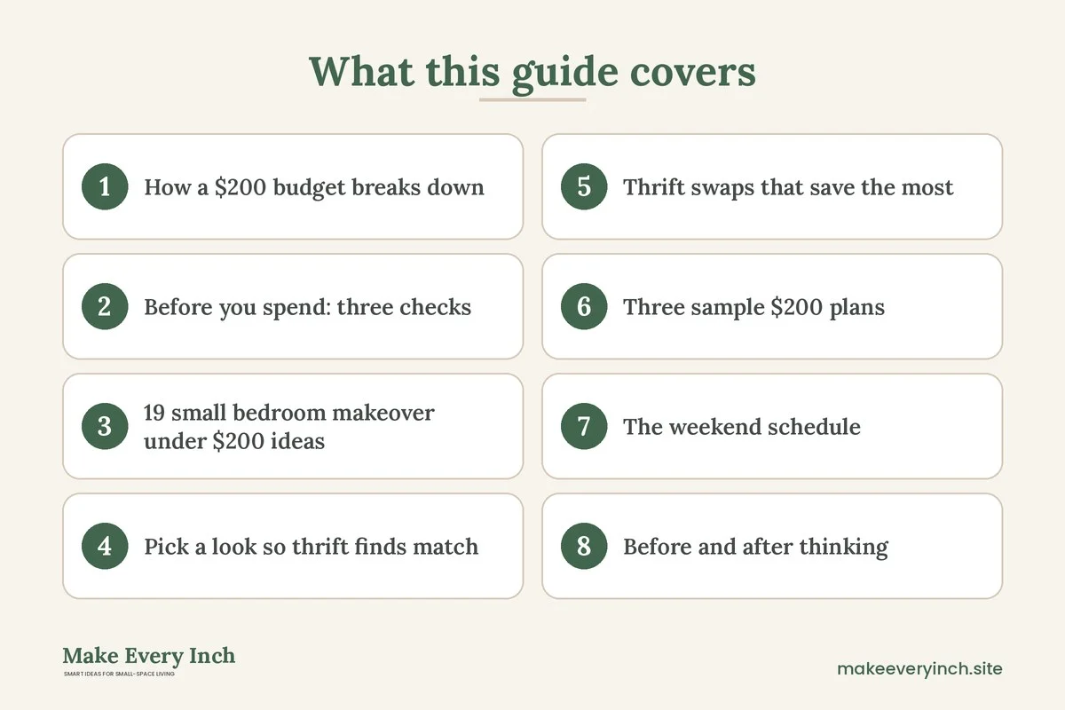 Graphic listing 8 topics covered in: 19 Small Bedroom Makeover Ideas Under $200 for a Weekend