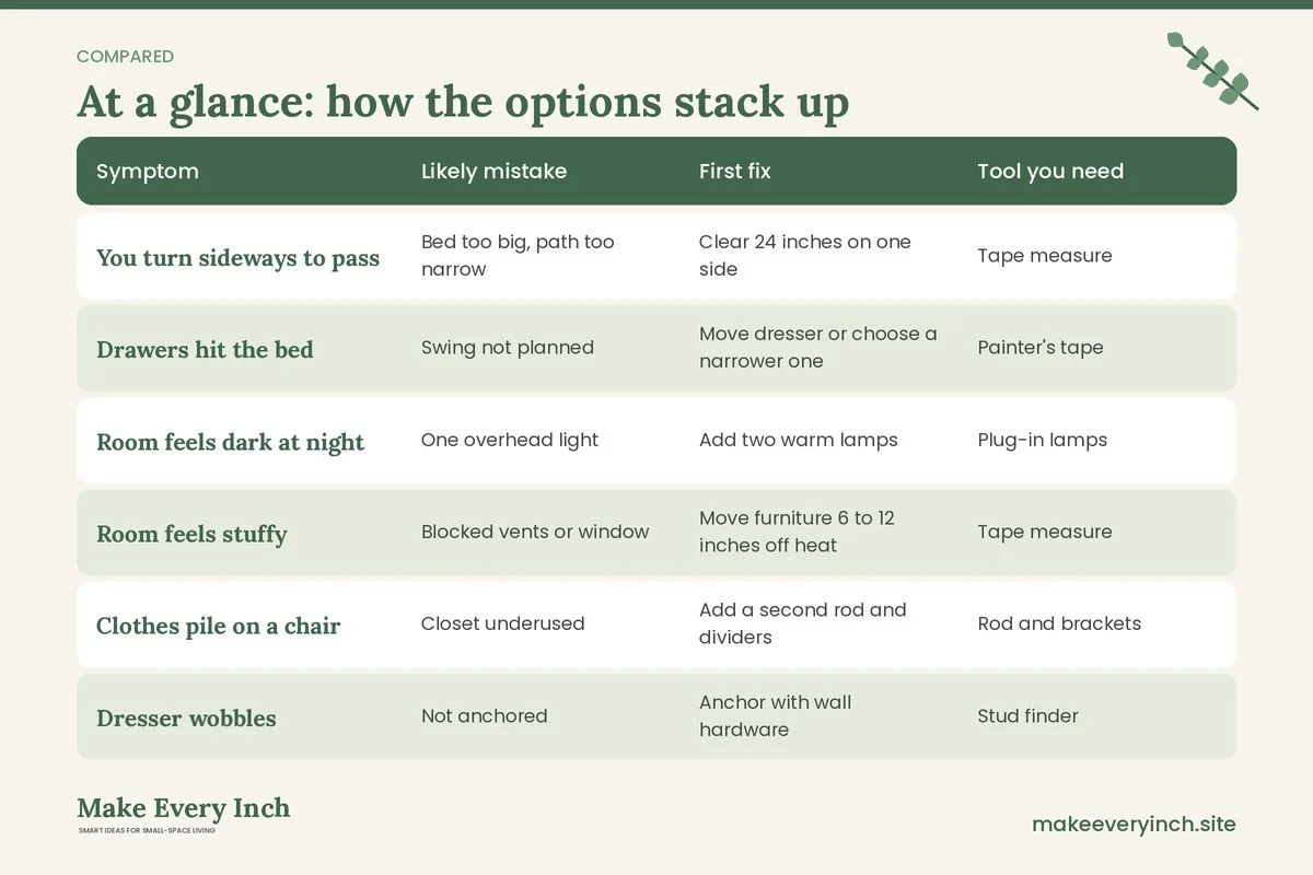 Comparison table of options for: 15 Small Bedroom Mistakes to Avoid (Symptom, Likely mistake, First fix, Tool you need)