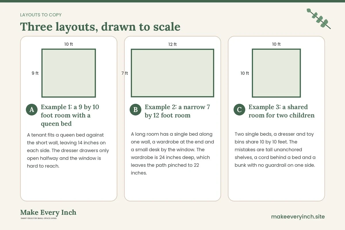 Three room layouts drawn to scale with dimensions and placement notes for: 15 Small Bedroom Mistakes to Avoid