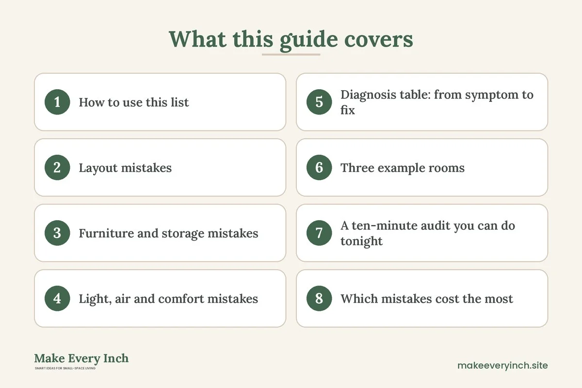 Graphic listing 8 topics covered in: 15 Small Bedroom Mistakes to Avoid