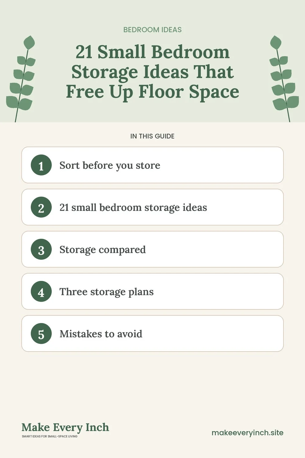 Pinterest pin listing the main topics in: 21 Small Bedroom Storage Ideas That Free Up Floor Space