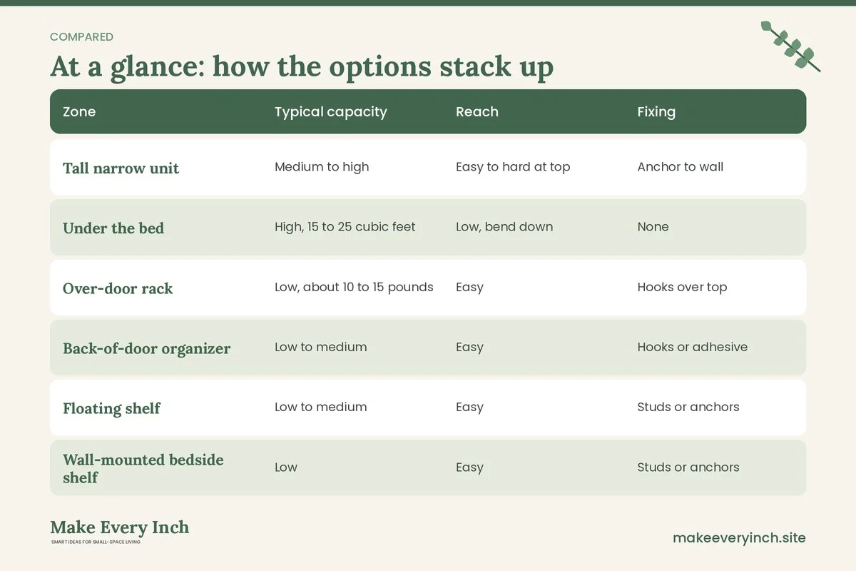 Comparison table of options for: Small Bedroom Storage Ideas That Save Floor Space (Zone, Typical capacity, Reach, Fixing)