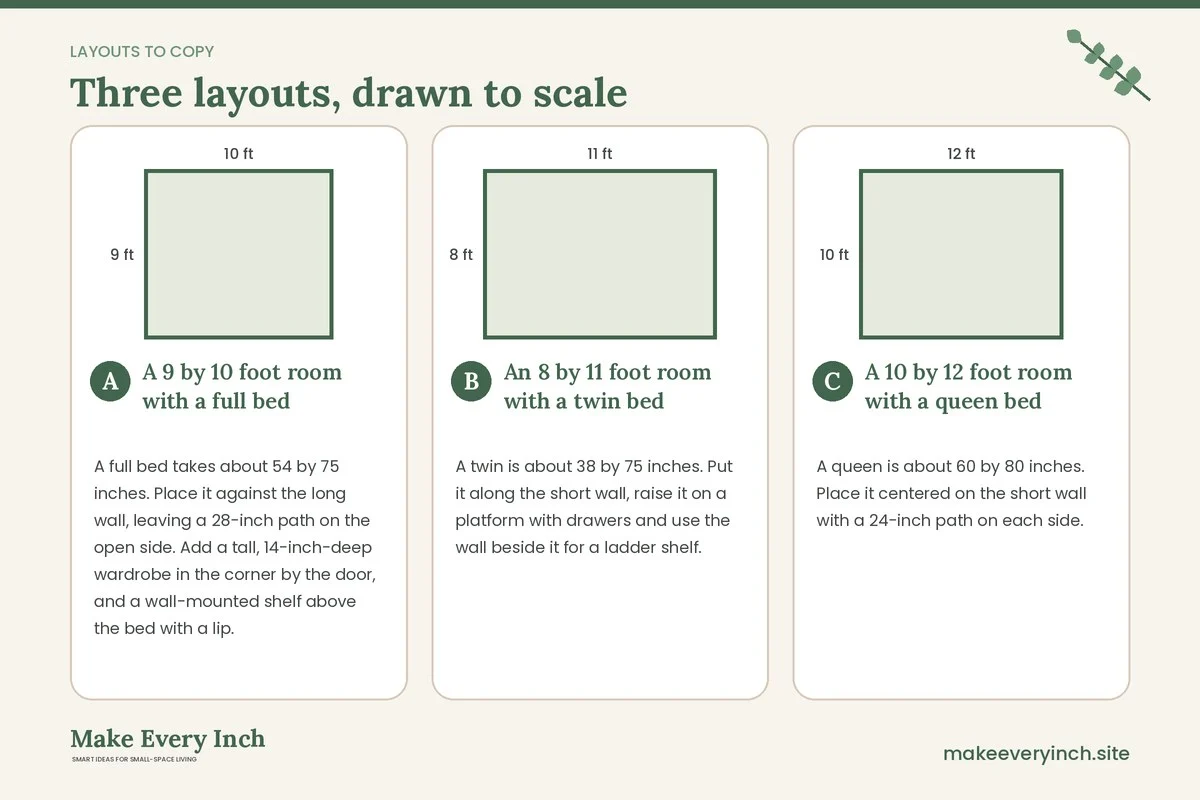 Three room layouts drawn to scale with dimensions and placement notes for: Small Bedroom Storage Ideas That Save Floor Space